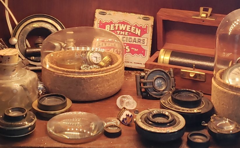 Photo of the inside of a wunderkammer which includes a number of steampunky items: glass lenses, a bell jar, gears and the like