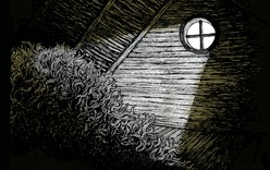 Black and white pen drawing of a hayloft with a small round window high on the wall. Light streams in the window and lights up the hay below